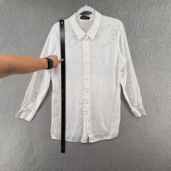 Loro Piana White Embroidered Linen Button-Up Shirt Size Large Made in Italy - Picture 7 of 10